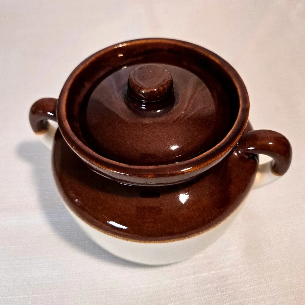Vintage McCoy 340 6816 Brown White Two Tone Stoneware Lidded Bean Pot Crock USA